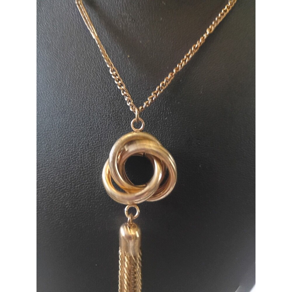 Boho Vintage Long 40 Inch Gold Chain Tassel Necklace, Triple Ring Eternity Knot - Picture 3 of 5